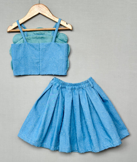 Pre-Order: Denim Crop Top and Skirt Set with Floral Embroidery