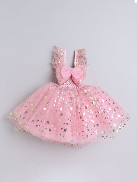 Pre-Order-Golden Foil Frilled Star Knee Length Gown-Pink