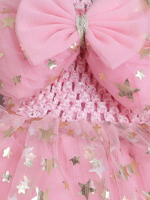 Pre-Order-Golden Foil Frilled Star Knee Length Gown-Pink