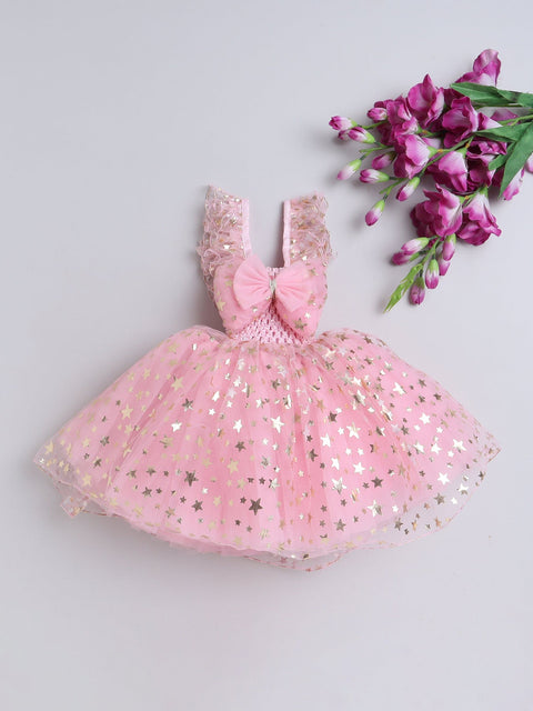 Pre-Order-Golden Foil Frilled Star Knee Length Gown-Pink