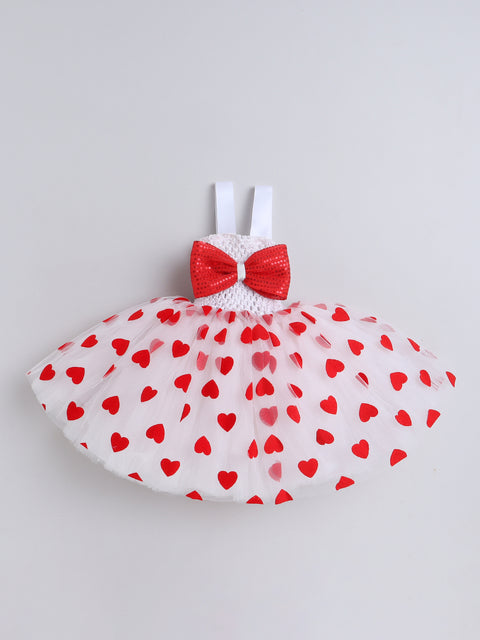Pre-Order-Red Heart Gathered Knee Length Gown with Bow - Red & White