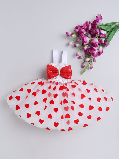 Pre-Order-Red Heart Gathered Knee Length Gown with Bow - Red & White