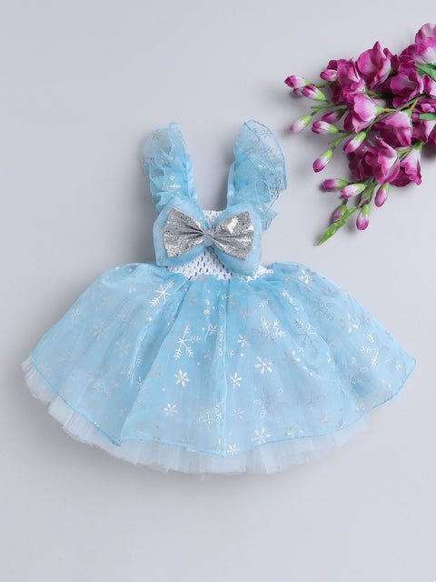 Pre-Order: Flared Snowflakes Gown with Frilled Sleeves and a Bow- Sky Blue