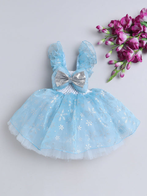 Pre-Order-Flared Snowflakes Gown with Frilled Sleeves and a Bow- Sky Blue