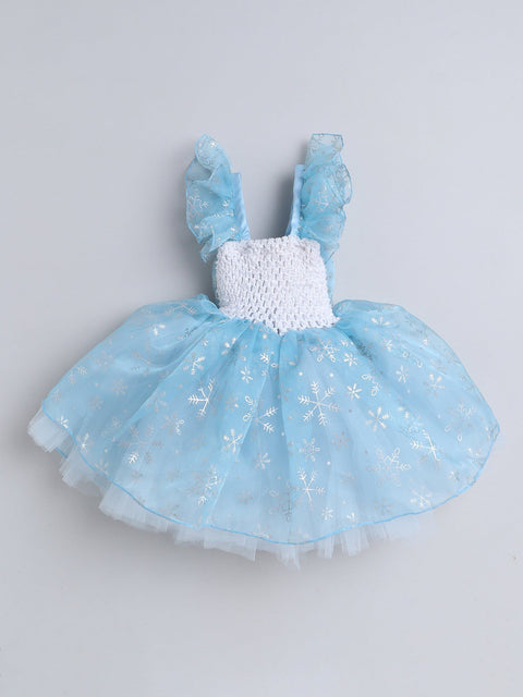 Pre-Order-Flared Snowflakes Gown with Frilled Sleeves and a Bow- Sky Blue