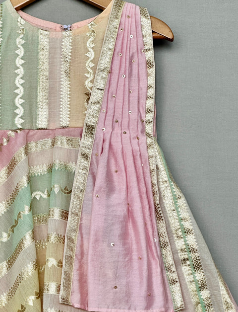 Pre-Order: Pastel Striped Kurti Set in Chanderi with Pink Pants and Dupatta