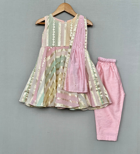 Pre-Order: Pastel Striped Kurti Set in Chanderi with Pink Pants and Dupatta
