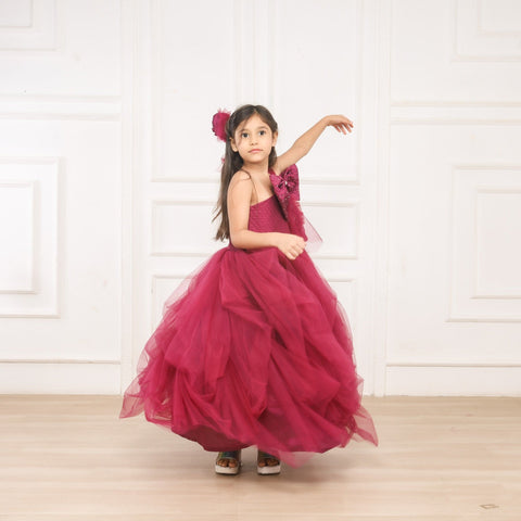 Pre-Order: Maroon Draped Gown with Big Velvet Bow