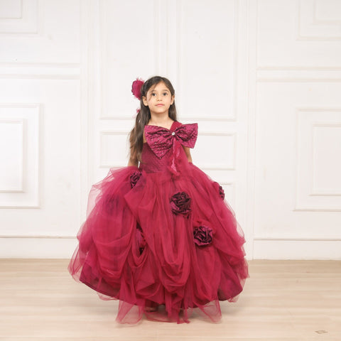 Pre-Order: Maroon Draped Gown with Big Velvet Bow
