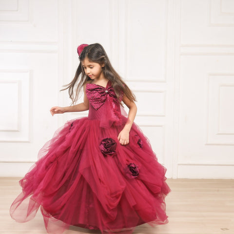 Pre-Order: Maroon Draped Gown with Big Velvet Bow