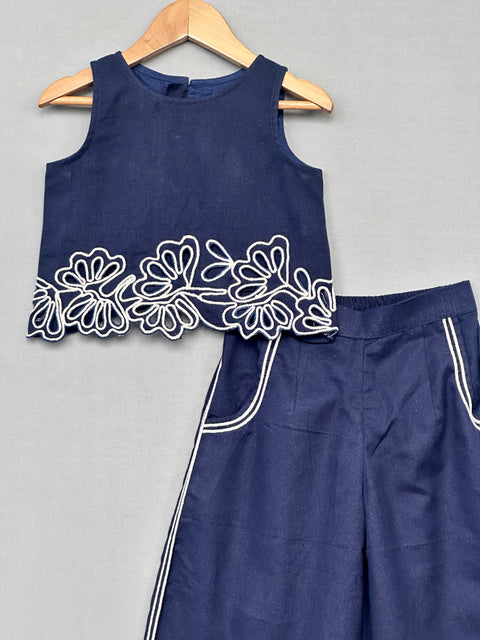 Pre-Order: Navy Blue Palazzo Set for Girls with Cutwork Embroidery