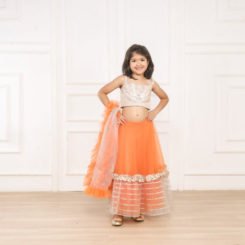 Pre-Order: Kiddie Brocade Orange Ghaghra Choli