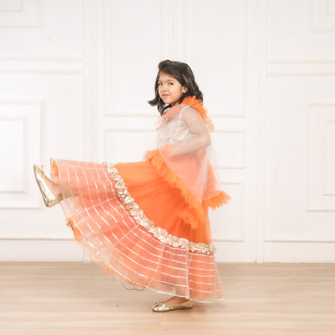 Pre-Order: Kiddie Brocade Orange Ghaghra Choli