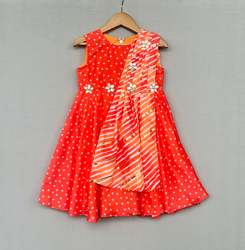 Pre-Order: Orange Bandhani Print Dress with Leheriya Dupatta Drape