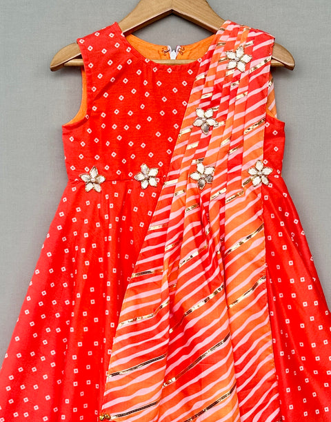 Pre-Order: Orange Bandhani Print Dress with Leheriya Dupatta Drape