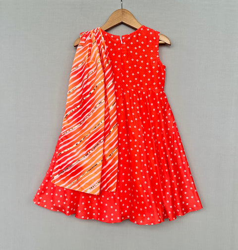 Pre-Order: Orange Bandhani Print Dress with Leheriya Dupatta Drape