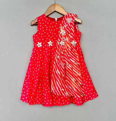 Pre-Order: Red Bandhani Print Dress with Leheriya Dupatta Drape