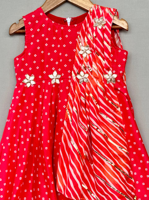 Pre-Order: Red Bandhani Print Dress with Leheriya Dupatta Drape