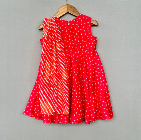 Pre-Order: Red Bandhani Print Dress with Leheriya Dupatta Drape
