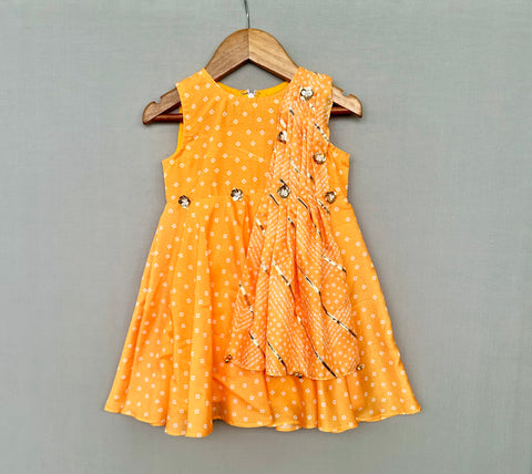 Pre-Order: Yellow Bandhani Print Dress with Attached Dupatta Drape