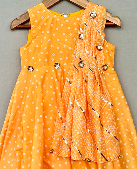 Pre-Order: Yellow Bandhani Print Dress with Attached Dupatta Drape