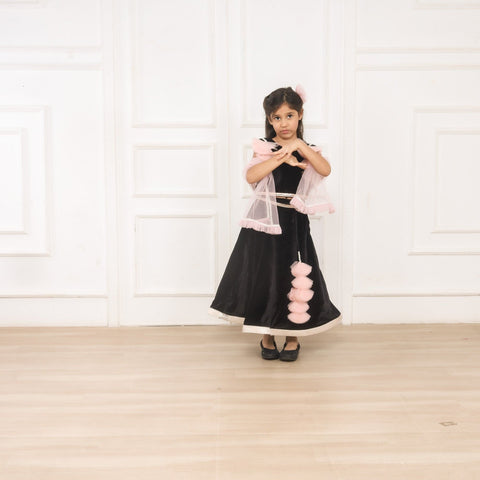 Pre-Order: Black Velvet Top And Lehenga With Frilly Pink Dupatta