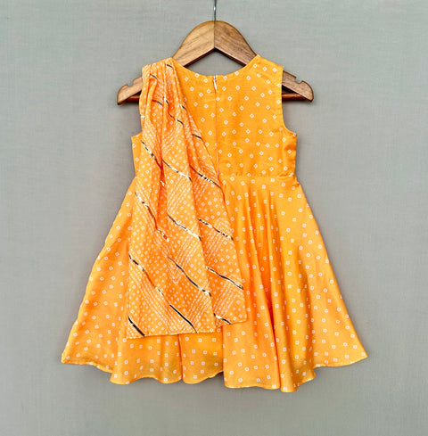 Pre-Order: Yellow Bandhani Print Dress with Attached Dupatta Drape