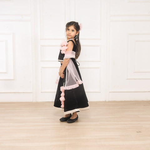 Pre-Order: Black Velvet Top And Lehenga With Frilly Pink Dupatta