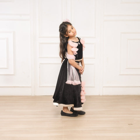 Pre-Order: Black Velvet Top And Lehenga With Frilly Pink Dupatta
