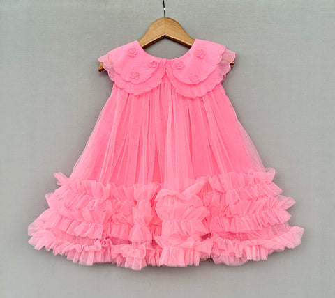 Pre-Order: Ruffled Pink Net Party Dress with Embroidered Collar