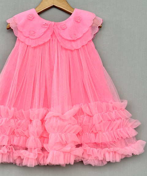 Pre-Order: Ruffled Pink Net Party Dress with Embroidered Collar