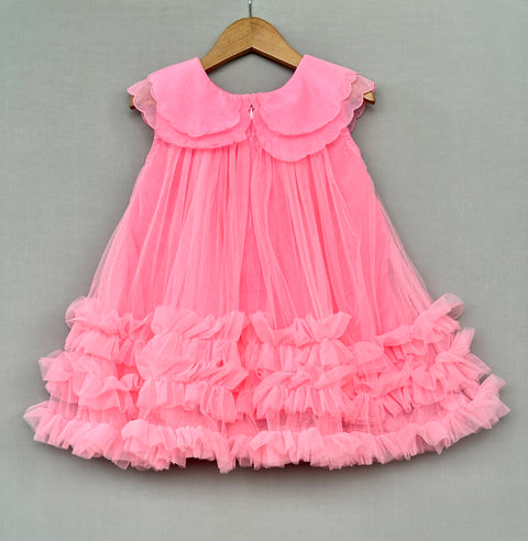Pre-Order: Ruffled Pink Net Party Dress with Embroidered Collar