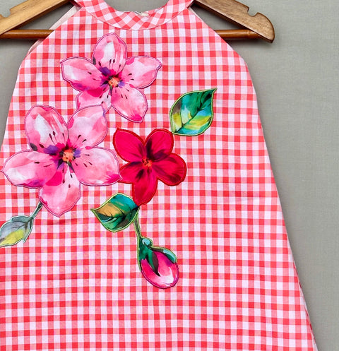 Pre-Order: Red Gingham Checks Applique Dress