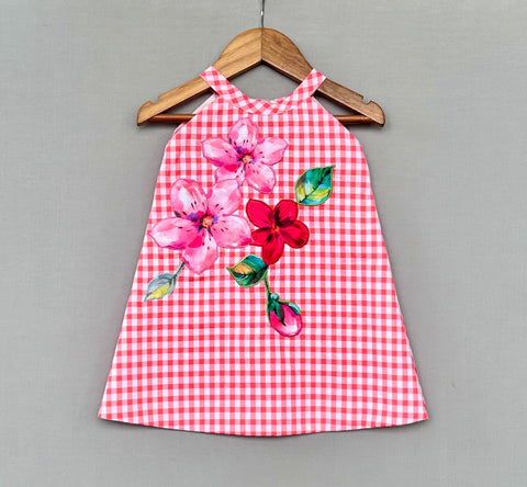 Pre-Order: Red Gingham Checks Applique Dress