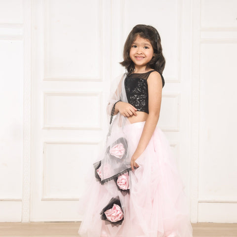 Pre-Order: Baby Pink and Black Flared Ghaghra Choli