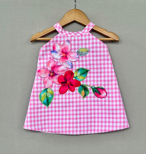 Pre-Order: Pink Gingham Checks Applique Dress