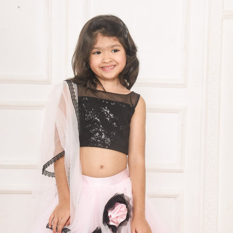 Pre-Order: Baby Pink and Black Flared Ghaghra Choli