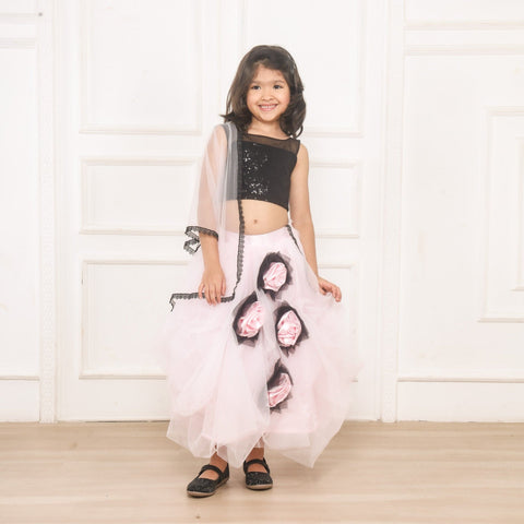 Pre-Order: Baby Pink and Black Flared Ghaghra Choli