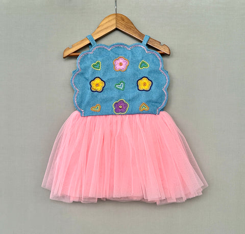 Pre-Order: Denim & Pink Tulle Floral Party Dress for Girls