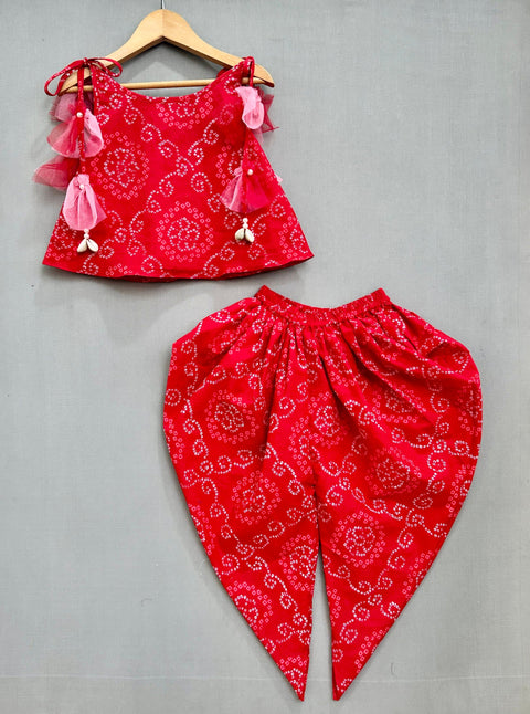 Pre-Order: Red Bandhni Printed Dhot Pant Set
