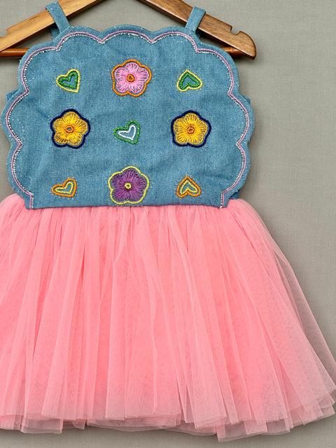 Pre-Order: Denim & Pink Tulle Floral Party Dress for Girls