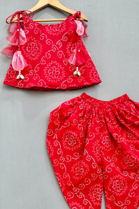 Pre-Order: Red Bandhni Printed Dhot Pant Set