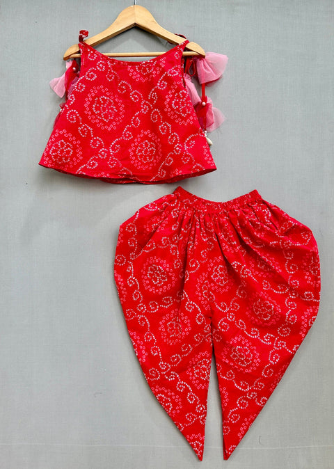 Pre-Order: Red Bandhni Printed Dhot Pant Set