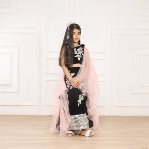 Pre-Order: One Shoulder Flower embellished Black ghaghra choli