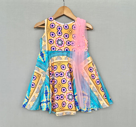 Pre-Order: Vibrant Geometric Print Attached Dupatta Dress for Girls