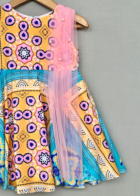 Pre-Order: Vibrant Geometric Print Attached Dupatta Dress for Girls