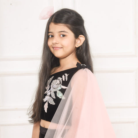 Pre-Order: One Shoulder Flower embellished Black ghaghra choli