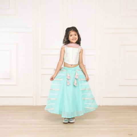 Pre-Order: Kiddie Corset Style Aqua Ghagra Choli