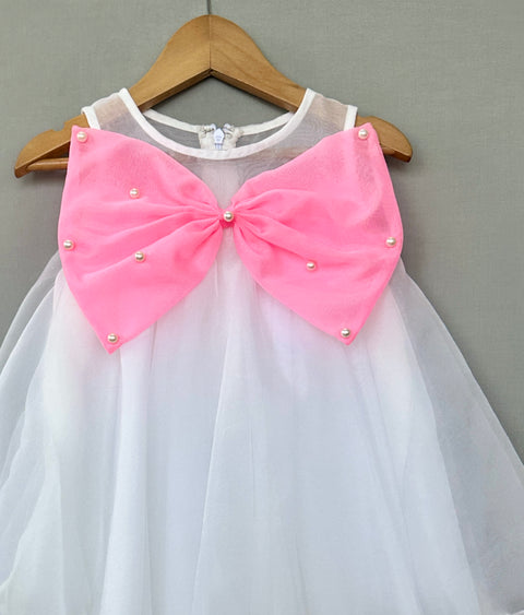 Pre-Order: White Organza Dress with Pink Pearl Bow