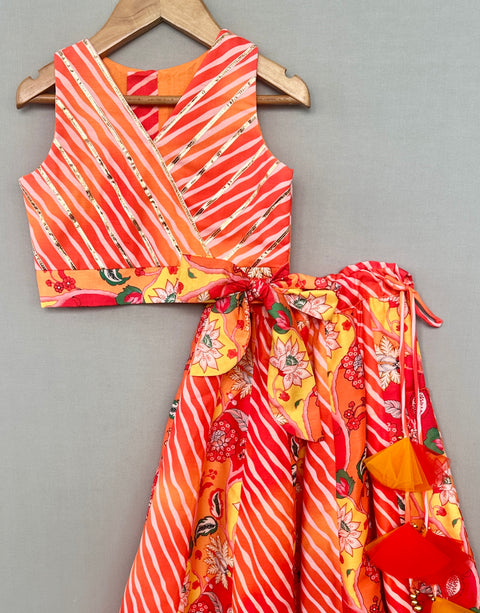 Pre-Order: Bright Orange & Red Leheriya Lehenga Set